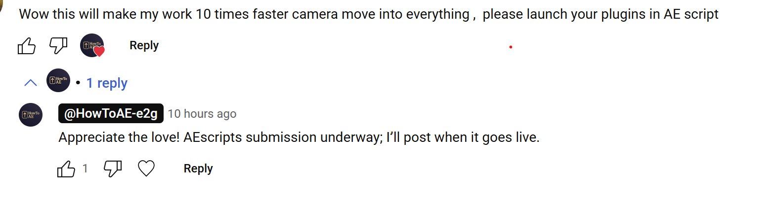 A viewer comment about Camera3D Toolkit Pro