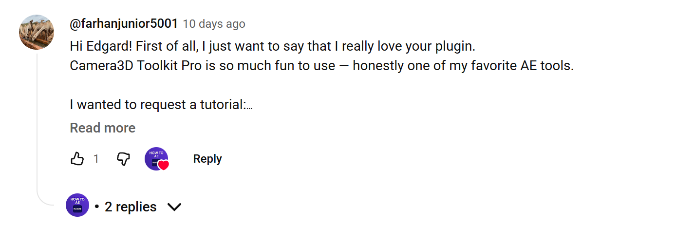 A viewer comment about Camera3D Toolkit Pro
