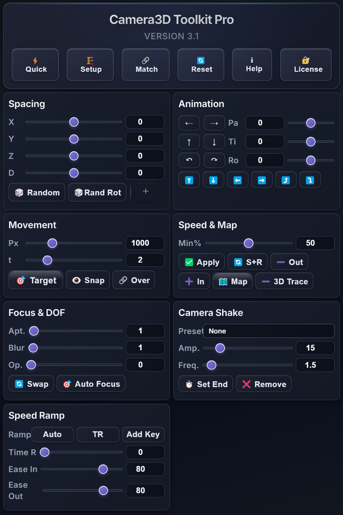 The Camera3D Toolkit Pro panel in After Effects