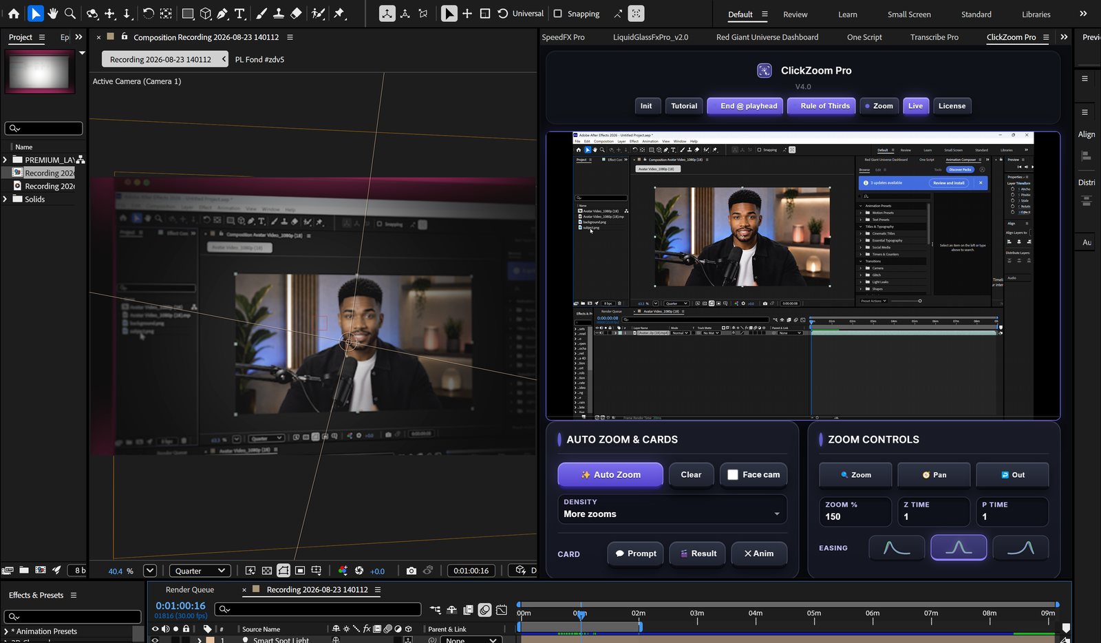 The ClickZoom Pro panel docked inside After Effects