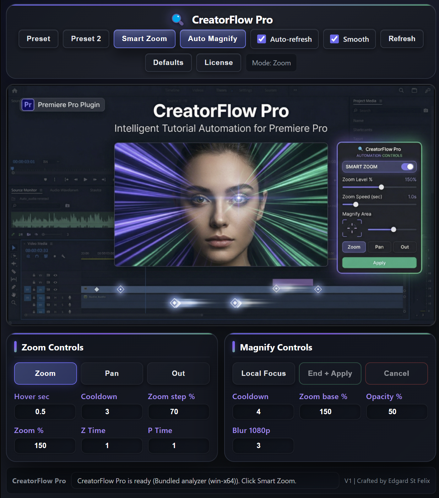 The CreatorFlow Pro panel in Premiere Pro